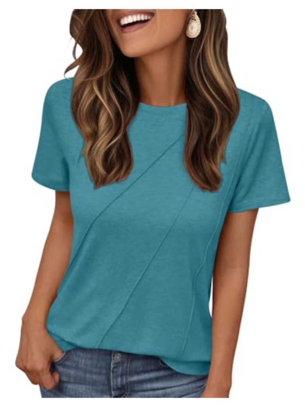 Women's Summer Short Sleeve Pleated Crewneck Casual T-Shirt Blouse